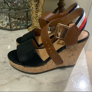 Tommy Hilfiger Black and Brown Wedge Sandals size 5